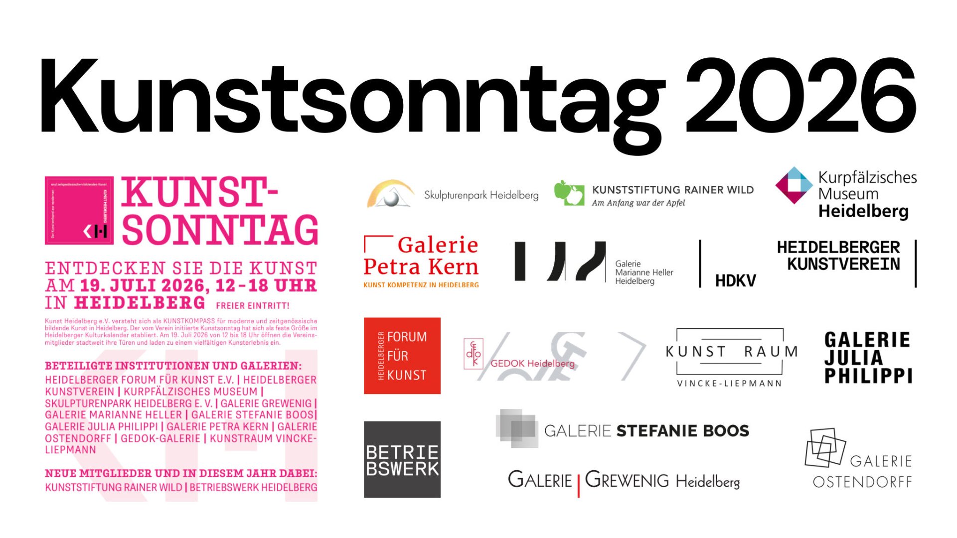 Titelseite der Kunstsonntag-2026-Präsentation von Kunst Heidelberg mit Datum 19. Juli 2026 und teilnehmenden Institutionen