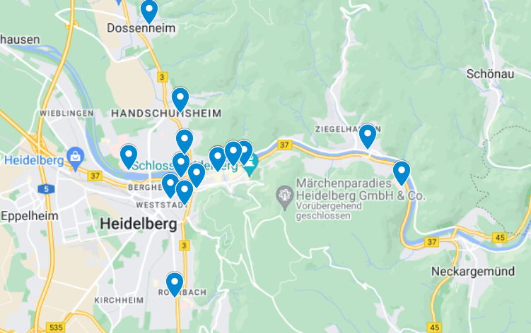 Eine Landkarte von Heidelberg und Umgebung mit eingezeichneten Standorten. Es sind etwa 20 Stück.